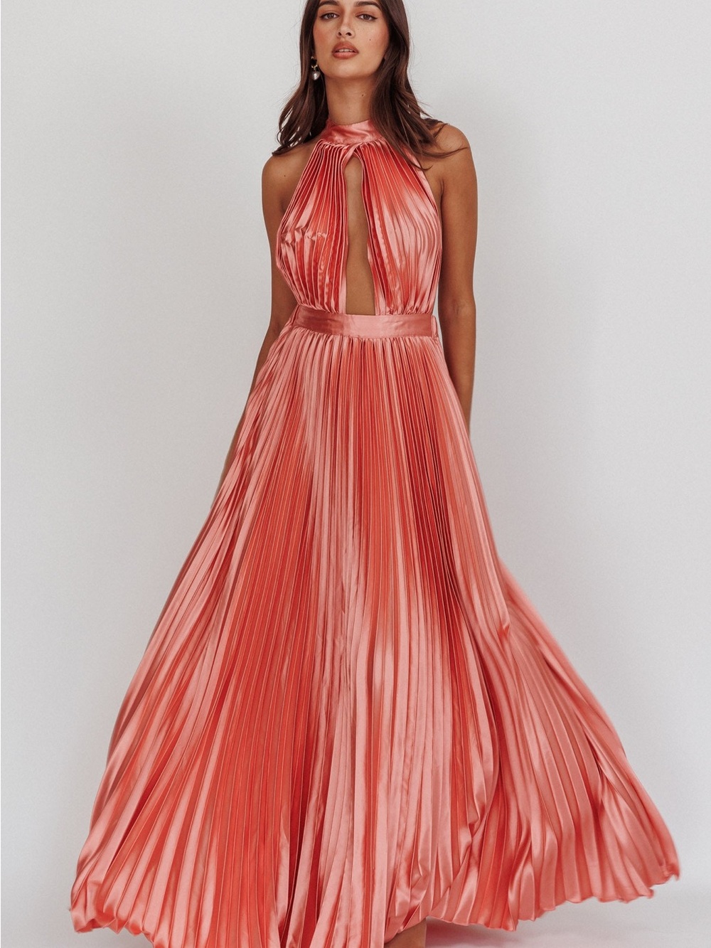 Luxxel Coral Pleated Halter Maxi Dress